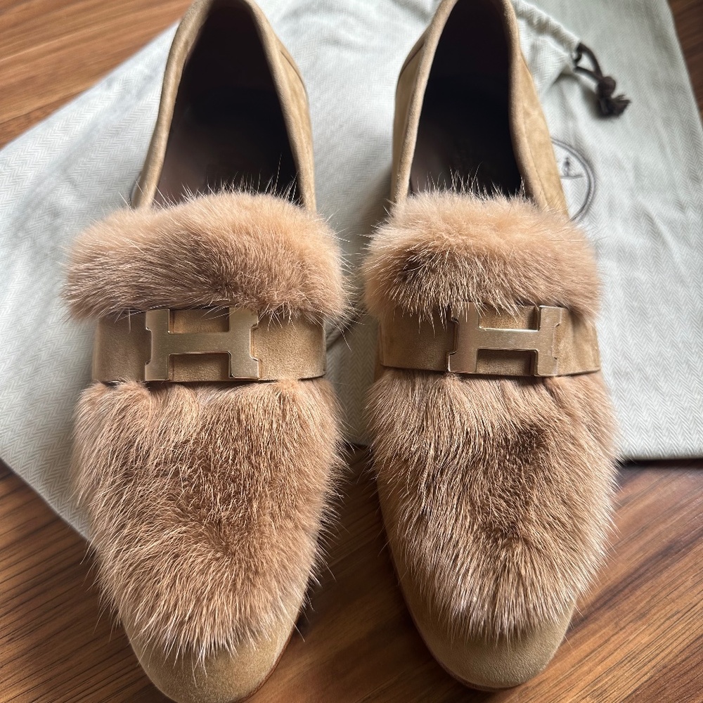 Mink fur suede loafers